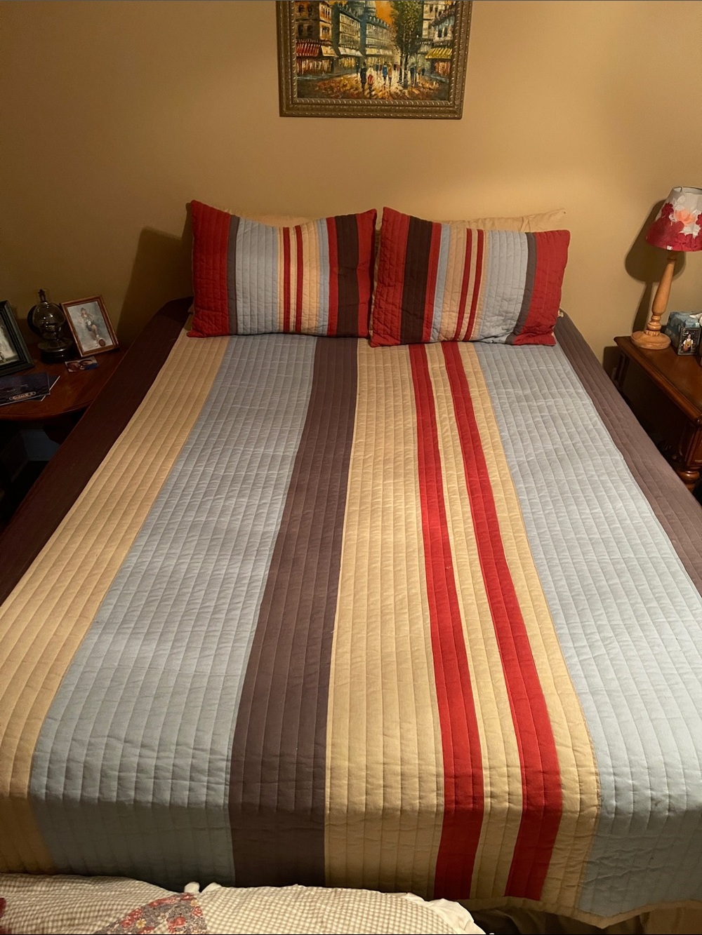 Striped Quilt Set in Red, Blue, Tan by